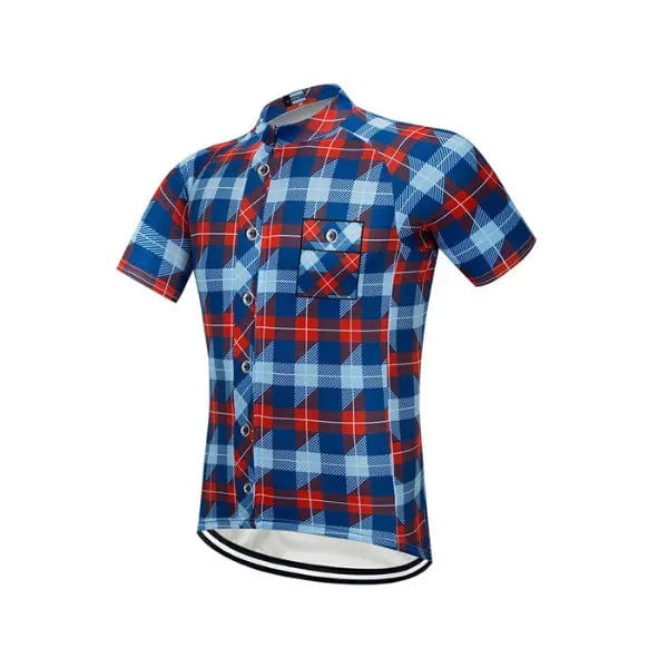 Blue Plaid Checkered Short Sleeve Cycling Jersey