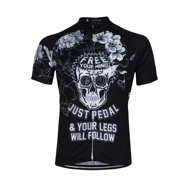 "Just Pedal & Your Legs Will Follow"  Short Sleeve Black and White Skull Cycling jersey. Pedal Co.