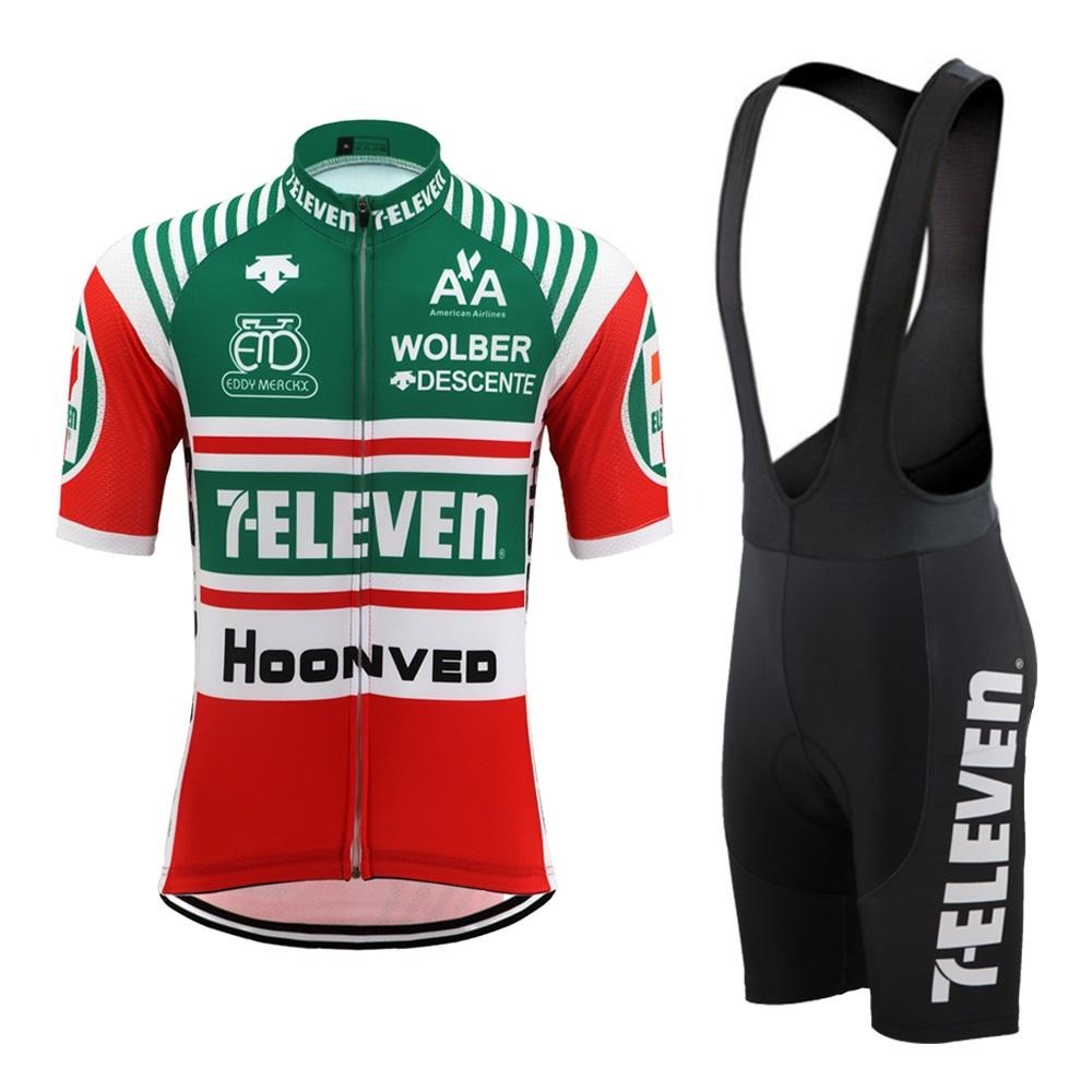 Mens Green, White, and Red short-sleeve cycling 7-Eleven Retro jersey and black bib shorts. Pedal Clothing Co.