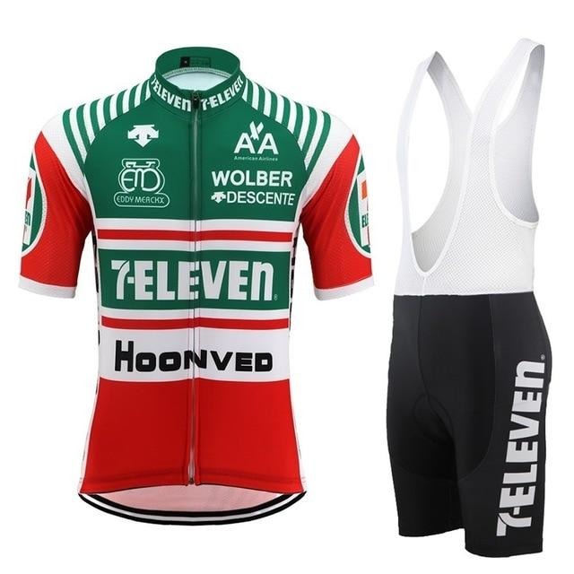 Mens Green, White, and Red short-sleeve cycling 7-Eleven Retro jersey and bib shorts. Pedal Clothing Co.