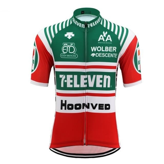 Mens Green, White, and Red short-sleeve cycling 7-Eleven Retro jersey. Pedal Clothing Co.
